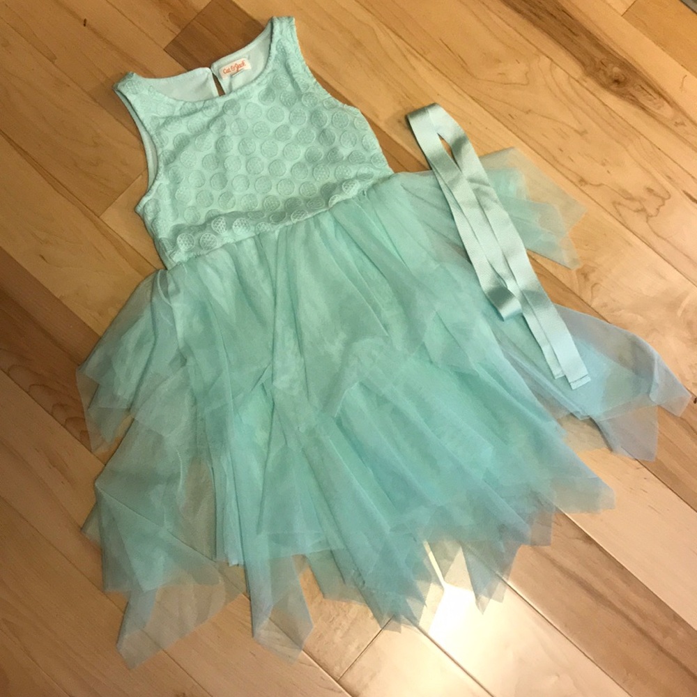 Fancy aqua/teal dress with tulle and ribbon sash